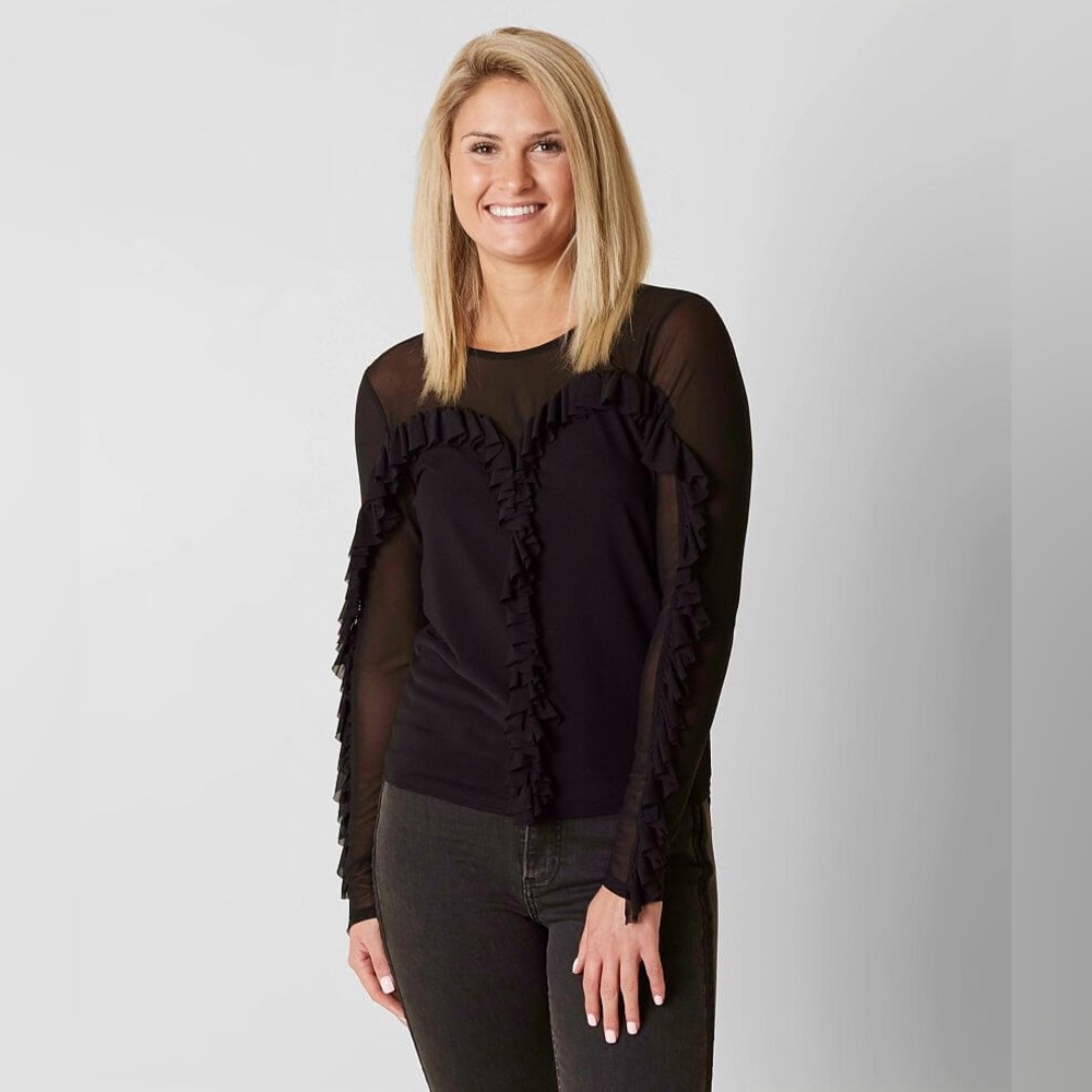 NWT BKE Boutique Ruffle Top Women’s Size Large Black Mesh